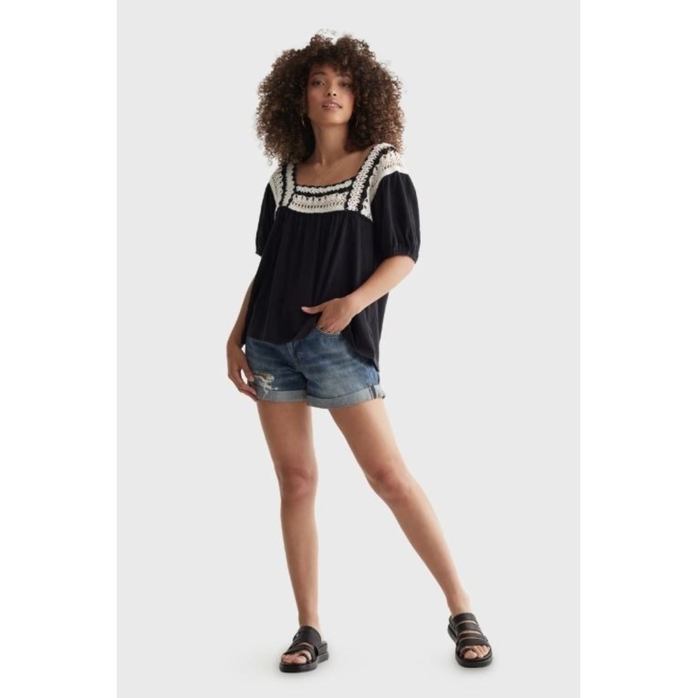 Lucky Brand Women's Square Neck Crochet Top in Black/White Small